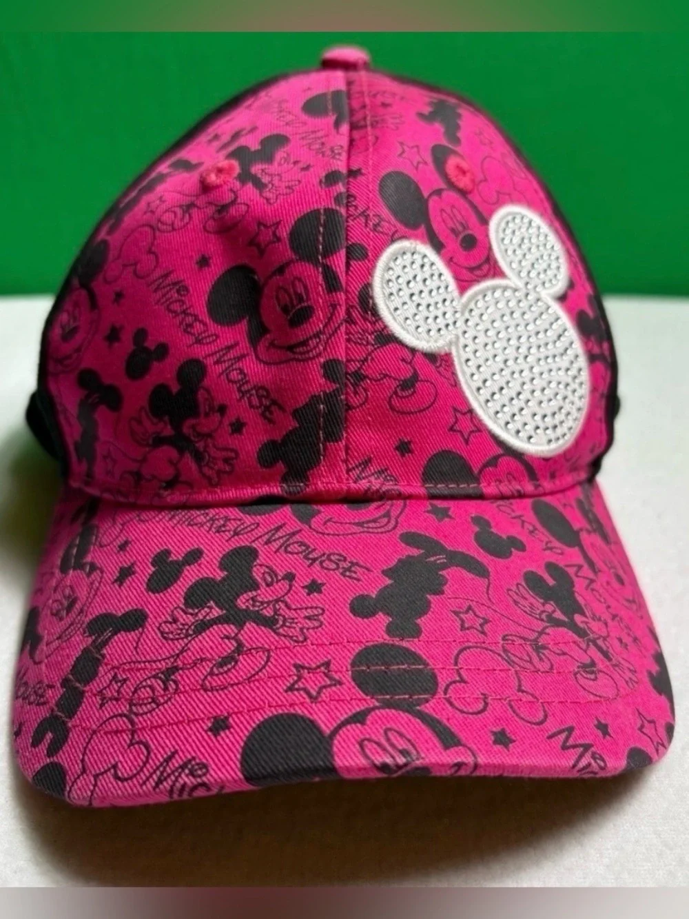 Disney Parks Mickey Mouse Baseball Cap-Pink/Black Bling with Rhinestones in Logo